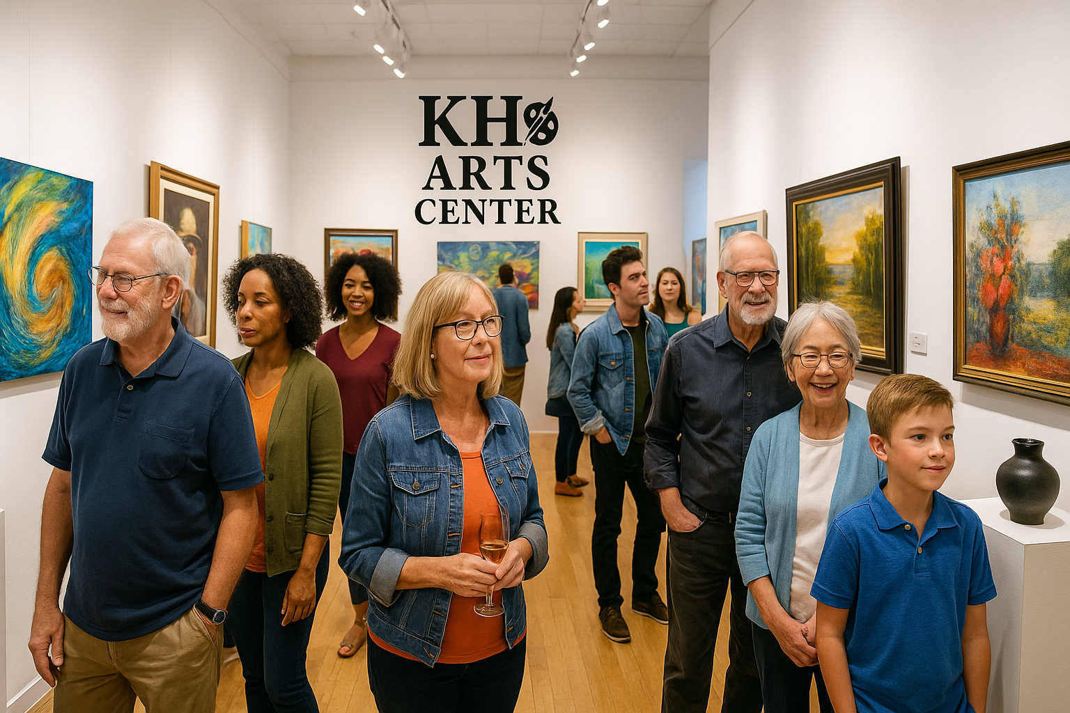 Gallery opening with visitors viewing artwork